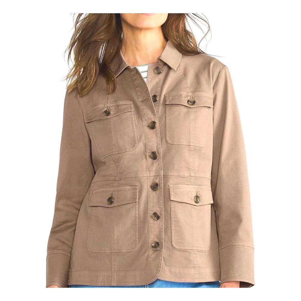 Lands End Womens Tan Utility Field Jacket Button Front Twill Safari 2X 20W-22W